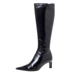 Chanel Vintage Black Leather Knee Length Pointed Toe Boots Size 39.5 | TLC