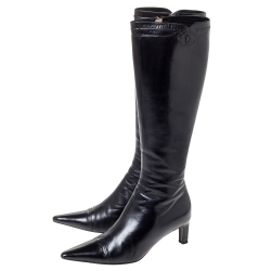 Chanel Vintage Black Leather Knee Length Pointed Toe Boots Size 39.5