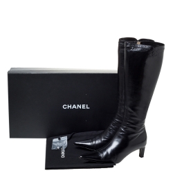 Chanel Vintage Black Leather Knee Length Pointed Toe Boots Size 39.5