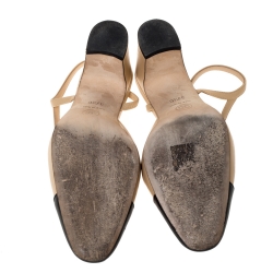 Pre Owned Chanel Beige/Black Leather Cap Toe Slingback Sandals Size 37.5