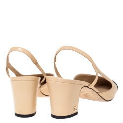 Pre Owned Chanel Beige/Black Leather Cap Toe Slingback Sandals Size 37.5