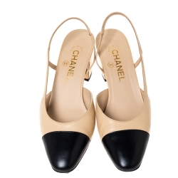 Pre Owned Chanel Beige/Black Leather Cap Toe Slingback Sandals Size 37.5
