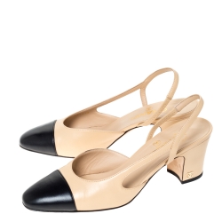 Pre Owned Chanel Beige/Black Leather Cap Toe Slingback Sandals Size 37.5