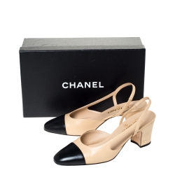 Pre Owned Chanel Beige/Black Leather Cap Toe Slingback Sandals Size 37.5