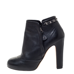 Chanel Black Leather Chain Embellished Ankle Booties Size 37