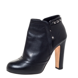 Chanel Black Leather Chain Embellished Ankle Booties Size 37