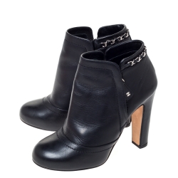 Chanel Black Leather Chain Embellished Ankle Booties Size 37