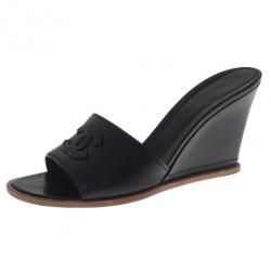Pre Owned Chanel Black Leather CC Wedge Slides Size 40