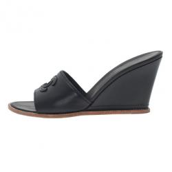 Pre Owned Chanel Black Leather CC Wedge Slides Size 40
