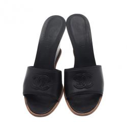 Pre Owned Chanel Black Leather CC Wedge Slides Size 40