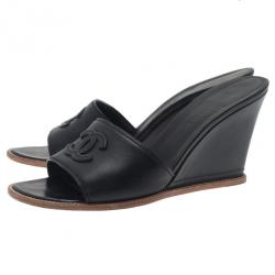 Pre Owned Chanel Black Leather CC Wedge Slides Size 40