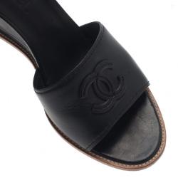 Pre Owned Chanel Black Leather CC Wedge Slides Size 40