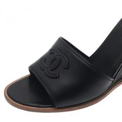 Pre Owned Chanel Black Leather CC Wedge Slides Size 40