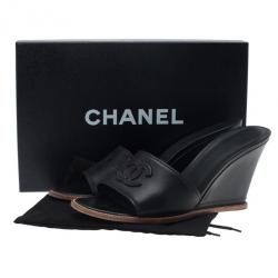 Pre Owned Chanel Black Leather CC Wedge Slides Size 40