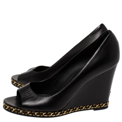 Pre Owned حذاء كعب عالي شانيل كعب روكي مقدمة م فتوحة مي سلسلة جلد أسود مقاس 38.5