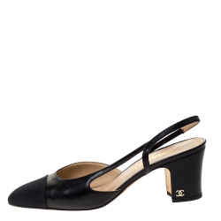 مملوكة مسبقًا Chanel Black Leather And Canvas Cap Toe Slingback Sandals Size 39.5
