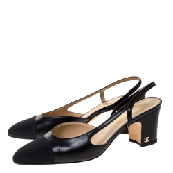 مملوكة مسبقًا Chanel Black Leather And Canvas Cap Toe Slingback Sandals Size 39.5