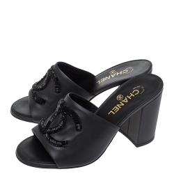 Chanel Black Leather CC Open Toe Sandals Size 38