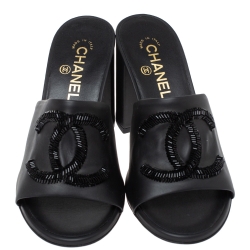 Chanel Black Leather CC Open Toe Sandals Size 38