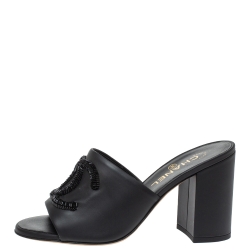 Chanel Black Leather CC Open Toe Sandals Size 38