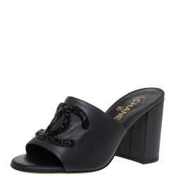 Chanel Black Leather CC Open Toe Sandals Size 38