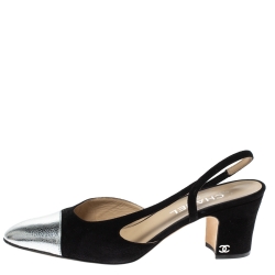 Chanel Black Suede And Metallic Silver Leather Cap Toe Slingback Sandals Size 39.5