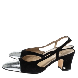 Chanel Black Suede And Metallic Silver Leather Cap Toe Slingback Sandals Size 39.5