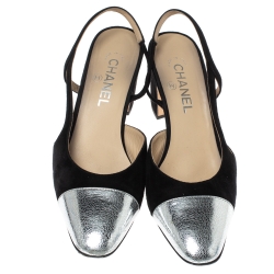 Chanel Black Suede And Metallic Silver Leather Cap Toe Slingback Sandals Size 39.5