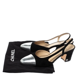 Chanel Black Suede And Metallic Silver Leather Cap Toe Slingback Sandals Size 39.5