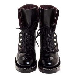 Chanel Black Quilted Patent Leather CC Pearl Combat Boots 39