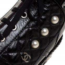 Chanel Black Quilted Patent Leather CC Pearl Combat Boots 39