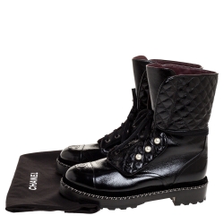 Chanel Black Quilted Patent Leather CC Pearl Combat Boots 39