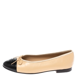 Chanel Beige/Black Leather CC Bow Ballet Flats Size 39.5