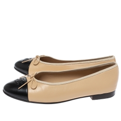 Chanel Beige/Black Leather CC Bow Ballet Flats Size 39.5