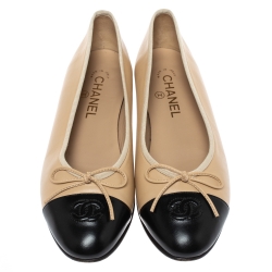 Chanel Beige/Black Leather CC Bow Ballet Flats Size 39.5