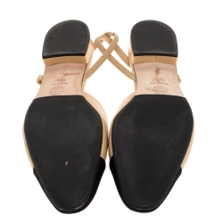 Pre Owned Chanel Beige/Black Leather and Fabric Cap Toe Slingback Flats Sandals Size 39.5