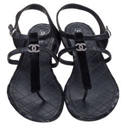 Pre Owned Chanel Shimmery Black Suede and Calf Hair Thong Ankle Strap Sandals Size 42
