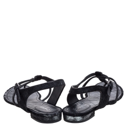 Pre Owned Chanel Shimmery Black Suede and Calf Hair Thong Ankle Strap Sandals Size 42