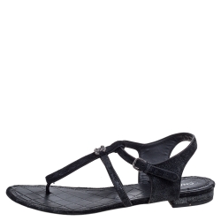 Pre Owned Chanel Shimmery Black Suede and Calf Hair Thong Ankle Strap Sandals Size 42
