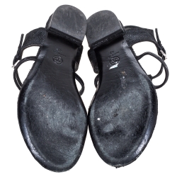 Pre Owned Chanel Shimmery Black Suede and Calf Hair Thong Ankle Strap Sandals Size 42