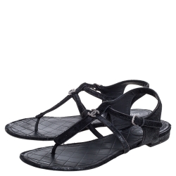 Pre Owned Chanel Shimmery Black Suede and Calf Hair Thong Ankle Strap Sandals Size 42