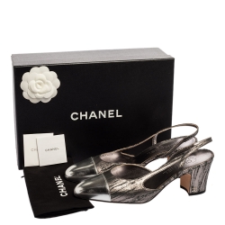 chanel textured slingback sandals metallic leather silver