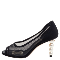 Pre Owned Chanel Black Canvas And Mesh CC Peep Toe Pearl Heel Pumps Size 35.5