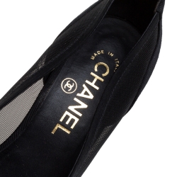 Pre Owned Chanel Black Canvas And Mesh CC Peep Toe Pearl Heel Pumps Size 35.5