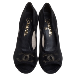 Pre Owned Chanel Black Canvas And Mesh CC Peep Toe Pearl Heel Pumps Size 35.5