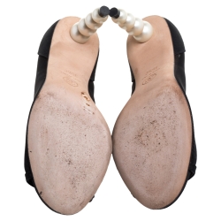 Pre Owned Chanel Black Canvas And Mesh CC Peep Toe Pearl Heel Pumps Size 35.5