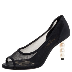 Pre Owned Chanel Black Canvas And Mesh CC Peep Toe Pearl Heel Pumps Size 35.5
