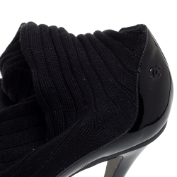 Chanel Black Stretch Fabric and Patent Leather Knit Sock Boots Size 36.5