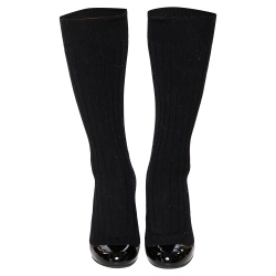 Chanel Black Stretch Fabric and Patent Leather Knit Sock Boots Size 36.5