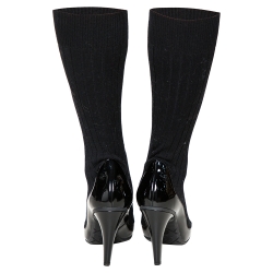 Chanel Black Stretch Fabric and Patent Leather Knit Sock Boots Size 36.5
